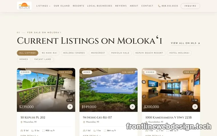 The rebuilt Molokai Vacation Properties website, listings page with MLS search