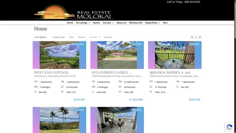 The old Molokai Vacation Properties website: an off-the-shelf real-estate listings template with broken gradient framing around every listing photo